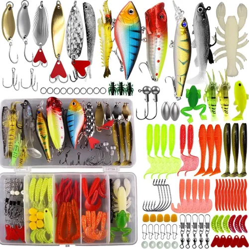 Miniatura 5 de Kit de Señuelos de Pesca y Cebos - Kit Integral de Señuelos de Pesca para Trucha, Lubina y Salmón - Incluye Camarones de Plástico, Cebo de Gusano