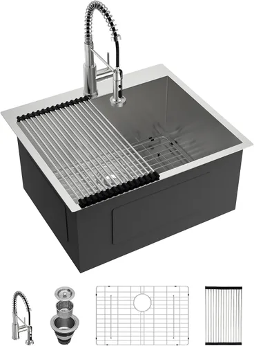 Miniatura 46 de Lordear - Fregadero de barra – Fregadero de barra dorado de 13 x 15 pulgadas con grifo dispensador de jabón, estación de trabajo, calibre 16 T304
