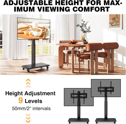Miniatura 2 de TVON Soporte de TV móvil para televisores de 32 a 70 pulgadas, elegante soporte de TV de piso con ruedas, carro de TV móvil con 9 niveles de ajuste