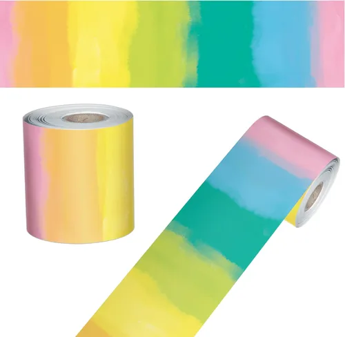 Carson Dellosa Creatively Inspired Bordes para tablón de anuncios de acuarela arcoíris de 65 pies, 1 rollo de ribete colorido para pizarra blanca