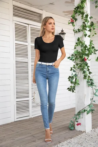 Miniatura 3 de VICHYIE Camisas de verano para mujer, cuello redondo, manga corta, acanaladas, ajustadas, casuales, básicas