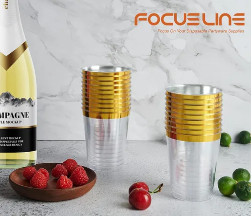 Miniatura 3 de FOCUSLINE Vasos de plástico dorado de 10 onzas, vasos desechables de plástico duro transparente, borde dorado, resistentes, reutilizables, 100