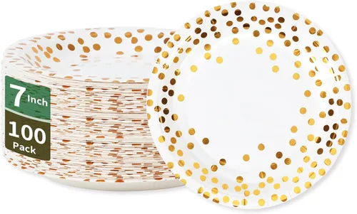 Miniatura 14 de Platos de papel para fiesta de puntos negros y oro rosa, 50 piezas desechables para fiestas, platos de papel de postre para cumpleaños, bodas