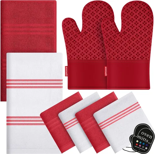Juegos de paños de cocina y trapos con guantes de horno - Paños de té 100% algodón para cocina - Manoplas de horno resistentes al calor de 500°F de