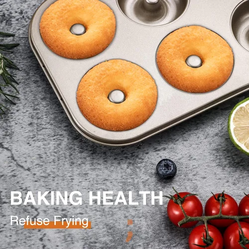 Miniatura 7 de HONGBAKE Moldes antiadherentes para hornear, paquete de 2 bandejas de donas profundas mejoradas de 6 cavidades, molde de bagel resistente para Dorado