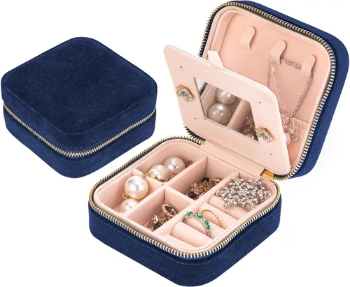 Joyero de terciopelo de viaje con espejo, mini estuche de regalo para mujeres y niñas, pequeñas cajas organizadoras portátiles para anillos, aretes,