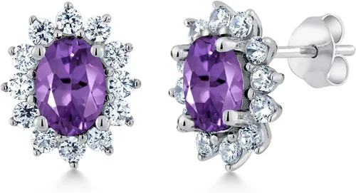Miniatura 211 de Gem Stone King Aretes ovalados de plata de ley 925 de 0.276 x 0.197 in con piedra natal de la princesa Diana, estilo halo real para mujeres