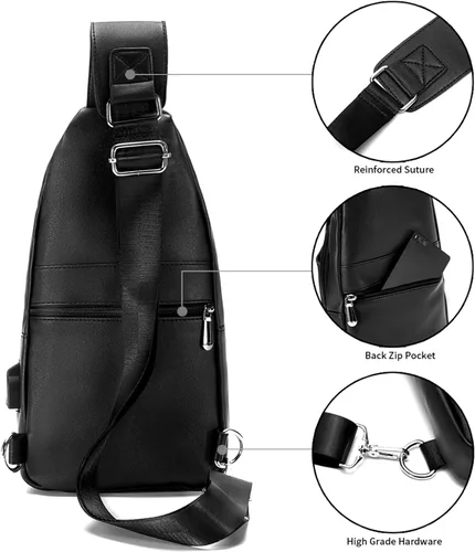 Miniatura 3 de Bolso bandolera de cuero para hombre, impermeable, bandolera con puerto de carga USB, bolsa de hombro, Negro, talla única, Mochilas Sling