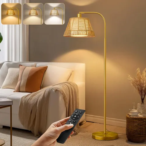 Miniatura 13 de Oneach Lámpara de pie arqueada para sala de estar, lámpara de pie de ratán boho con pantalla tejida a mano, interruptor a pedal, base y poste de Oro