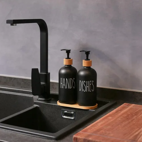 Miniatura 2 de MOMEEMO Juego de dispensador de jabón negro, contiene dispensador de jabón para manos y platos, adecuado para decoración de cocina (negro)
