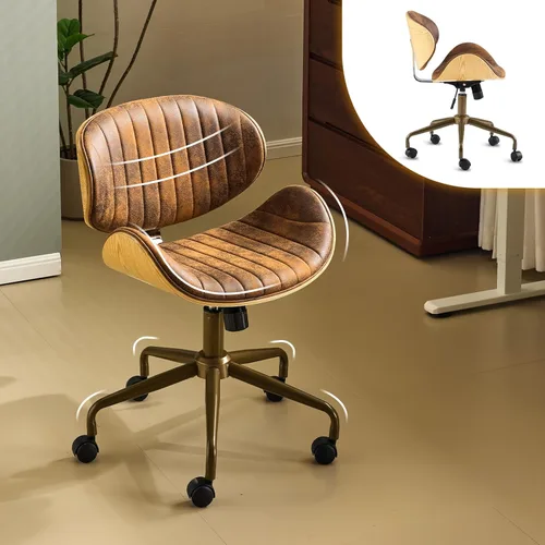 Miniatura 10 de VINGLI Silla giratoria de oficina en casa amplia y cómoda con carcasa curvada de grano de madera, silla de escritorio ergonómica acolchada sin negro