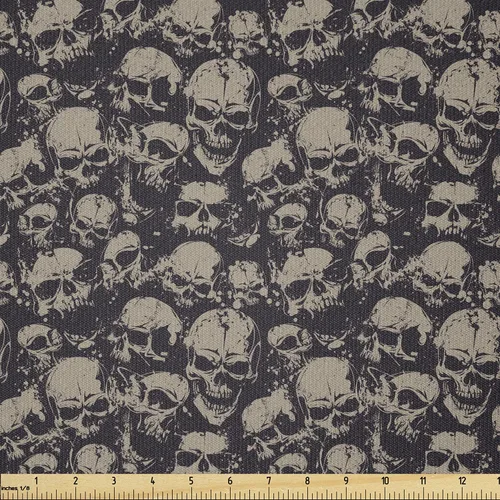 Miniatura 109 de Ambesonne The Yard, tela de calavera colorida con temática de Halloween, diseño de calavera y huesos cruzados, divertido estampado de dibujos