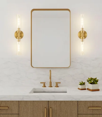 Miniatura 3 de SANTOSTOCK Lámpara de Vanidad de Baño de Oro Cepillado, Aplique de Pared Moderno de 2 Luces con Vidrio Transparente, Lámpara de Montaje en Pared