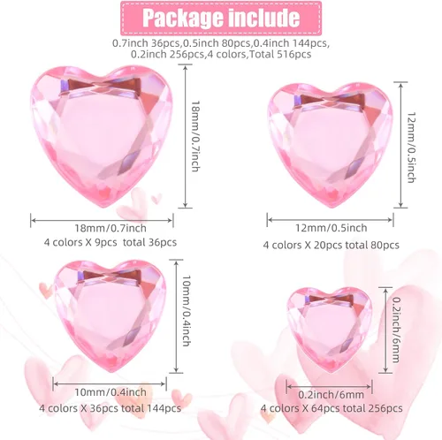 Miniatura 4 de Chuangdi 516 calcomanías de diamantes de imitación de corazón, acrílicas, gemas de corazón, gemas de cristal, autoadhesivas, parte trasera plana