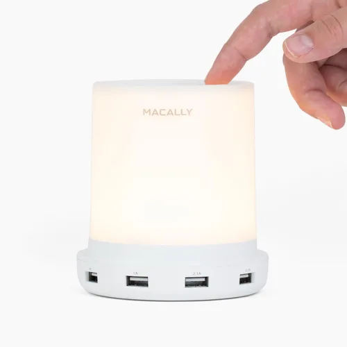 Macally - lámpara LED para escritorio, mesa de luz, mesilla de noche con 4 puertos de carga USB. 3 niveles de brillo, control táctil, luz blanca