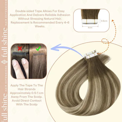 Miniatura 4 de Fshine Extensiones de cabello Remy con cinta invisible de 12 pulgadas, color marrón oscuro 3 que se desvanece a rubio 6 y 22, extensiones de cabello