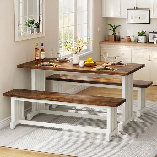 Tribesigns Juego de mesa de comedor pequeña de 47 pulgadas para 2, mesa de cocina de 3 piezas con 2 bancos, muebles de cena de madera de granja para