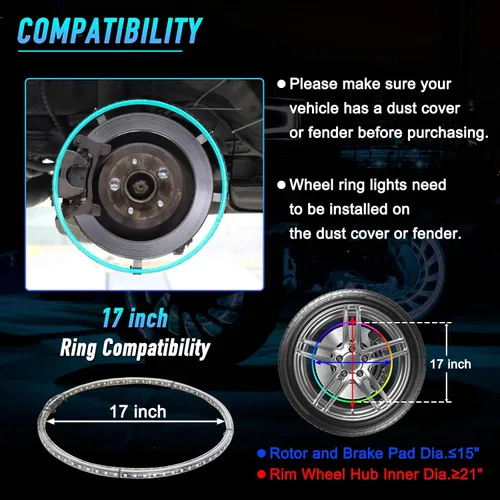 Miniatura 5 de Juego de 4 luces LED RGB de 17 pulgadas para anillo de rueda, control Bluetooth, señal de giro y función de frenado (doble cara)