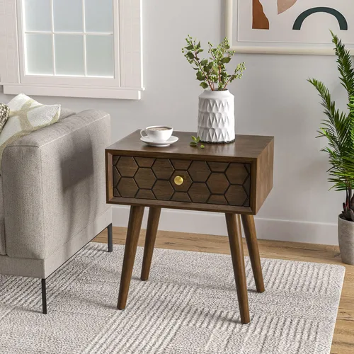 Miniatura 12 de COSIEST Mesita de noche, mesa auxiliar rústica con 3 cajones, mesa de noche de madera vintage con patas robustas, mesa auxiliar moderna