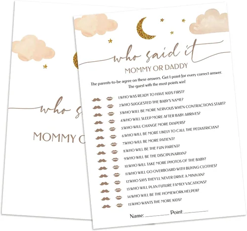 Juego de adivinanzas para mamá o papá, juego de 25 cartas, juego de baby shower para niña o niño, fiesta de revelación de género, Twinkle Little