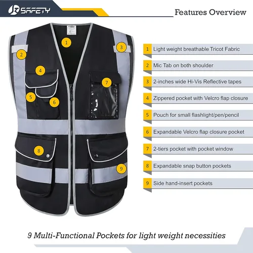 Miniatura 3 de JKSafety - Chaleco de seguridad negro con cremallera frontal y 9 bolsillos con tiras reflectantes, cumple con el estándar ANSI/ISEA (5XL, 150-negro)