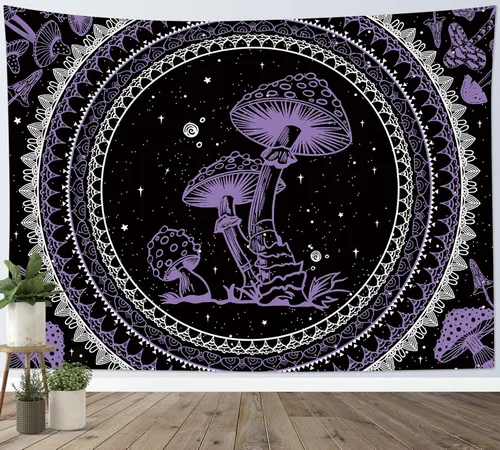 Miniatura 20 de SCECALA Tapiz bohemio de hongos, mandala blanco y negro para colgar en la pared para dormitorio, decoración bohemia del hogar, 60 x 40 pulgadas