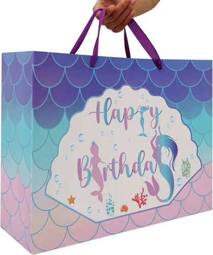 Miniatura 6 de Qirrmiy Juego de bolsas de regalo de cumpleaños de sirena extra grande de 16.5 pulgadas con asas, tarjeta de felicitación, papeles de seda morados
