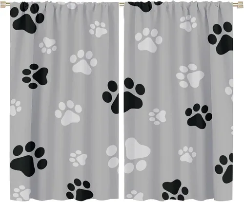 Miniatura 16 de Cortinas opacas con diseño de animales, fondo azul con huellas de perro, huesos y divertido patrón de cachorro, cortinas de sala de estar para niños