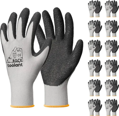 toolant Guantes de trabajo de látex arrugado a granel, guantes de trabajo de seguridad con revestimiento de goma para hombres y mujeres, 12 pares
