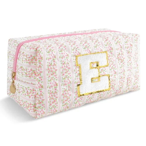 Miniatura 84 de Pequeña bolsa de maquillaje personalizada con inicial A-Z Preppy Patch, bolsa de cosméticos de viaje de felpilla blanca con cremallera, bonita bolsa
