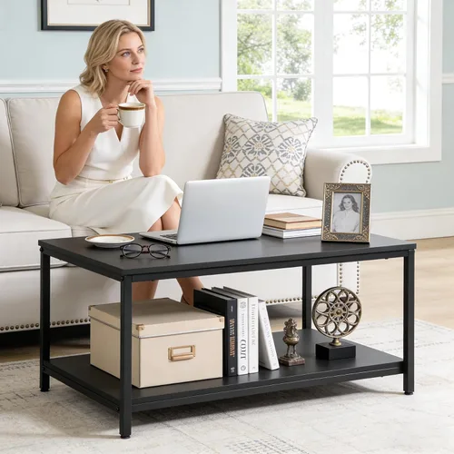 Miniatura 9 de SUPER DEAL - Mesa de café industrial de 2 niveles con estante de almacenamiento para apartamento pequeño, sala de estar, mesa auxiliar rectangular