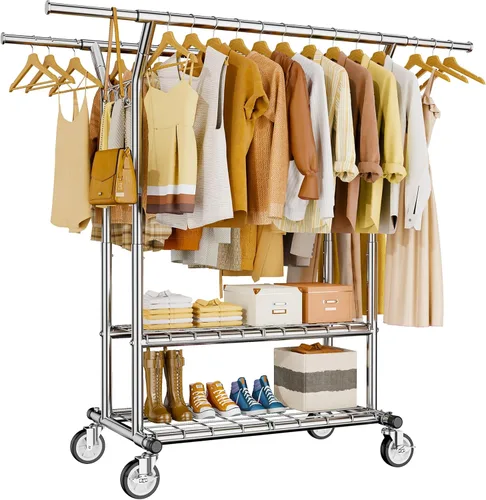 HYSEYY Perchero de ropa resistente, perchero de ropa rodante con estantes con carga de 620 libras, percheros de ropa de doble barra para colgar