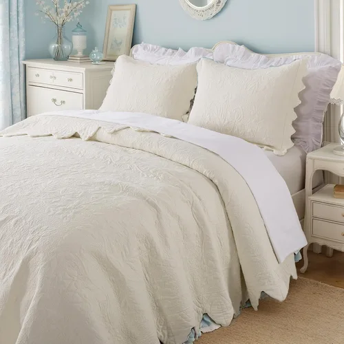 Miniatura 12 de Brandream Juego de ropa de cama de 2 piezas con borde festoneado, tamaño individual, color beige, tamaño individual, tamaño individual