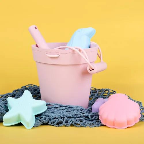Miniatura 3 de BLUE GINKGO Juguetes de playa de silicona, juego moderno para viajes, cubo, pala, 4 moldes de arena, bolsa de playa, juguetes de arena para niños