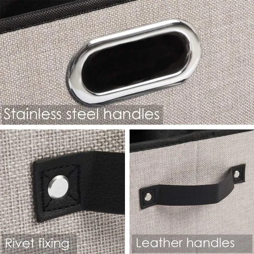 Miniatura 4 de PRANDOM Contenedores Grandes de Almacenamiento Plegables para Armario [Paquete de 3] Cubos Decorativos de Tela de Lino con Asas de Cuero/Metal