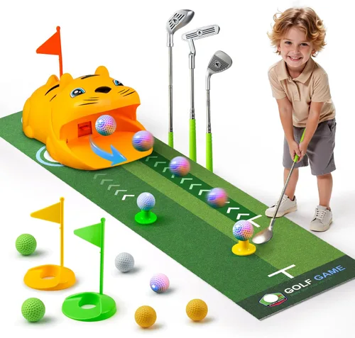 Putting Green Indoor con palos de golf para niños pequeños, juego de fiesta con máquina automática de rebote de golf, tapetes de entrenamiento al
