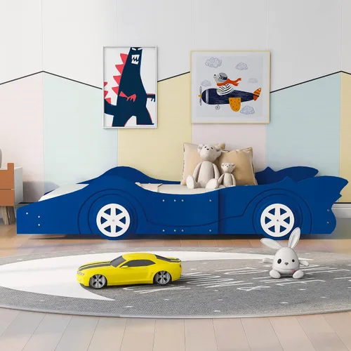 Miniatura 3 de Cama de plataforma con ruedas en forma de auto de carreras para niños, marco de cama de madera con listones de soporte, para niños, dormitorio