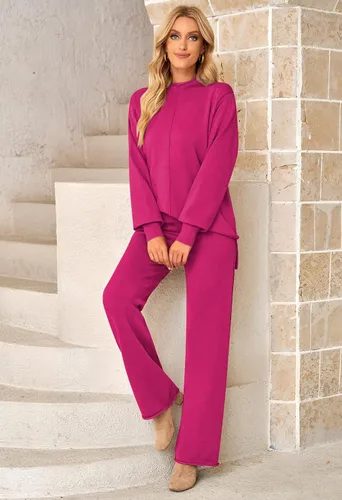 Miniatura 3 de Linsery Conjunto de suéter de 2 piezas para mujer, cuello alto, suéter de punto de pierna ancha, sudadera casual