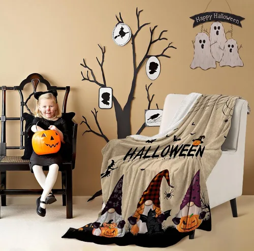Miniatura 4 de Manta de gnomo de Halloween, manta de franela de forro polar, manta de murciélagos de Halloween con gato negro, ligera, acogedora, cálida, mullida