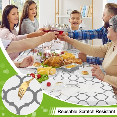 Miniatura 4 de Smiry Mantel redondo de plástico para mesa, mantel de vinilo impermeable con parte trasera de franela para mesas redondas, lavable y a prueba