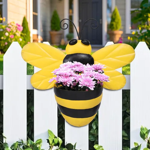Miniatura 8 de Macetero de Pared de Metal Abeja Maceteros de Pared Montados Maceta Pequeña con Drenaje para Interior Exterior Macetero Colgante Estilo Granja
