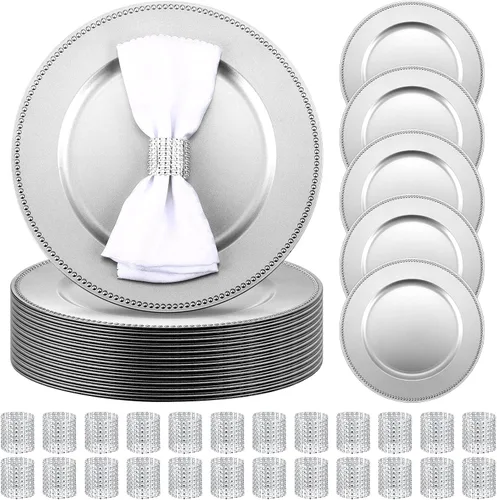 Miniatura 7 de Rtteri juego de 48 platos base, 24 platos base de plástico con 24 anillas para servilletas, 33 cm (13 pulgadas) de diámetro, platos base redondos