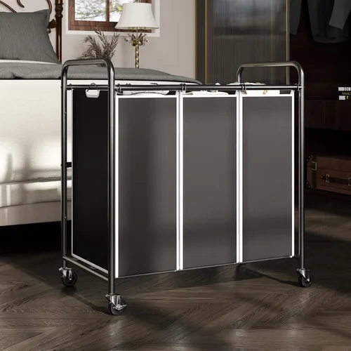 Miniatura 2 de ROMOON Clasificador de ropa resistente de 3 compartimentos, cesta con forro extraíble y ruedas, organizador que ahorra espacio para lavandería, Negro
