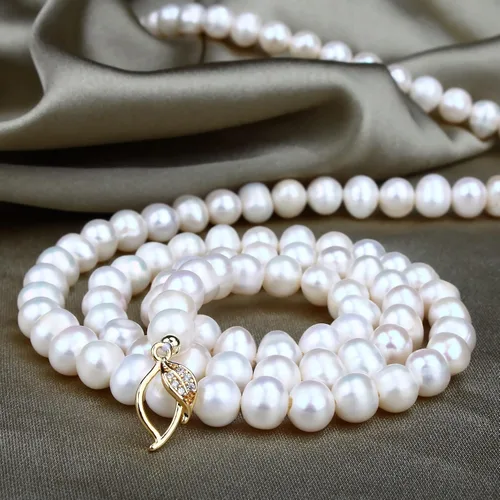 Miniatura 3 de Jirehjill Pearl Necklace for Women, 30 inches Pearl Necklace Made of 7.0-8.0mm AAA+ Freshwater White Pearls, Handmade 18K Gold Plated Inlaid Pearl