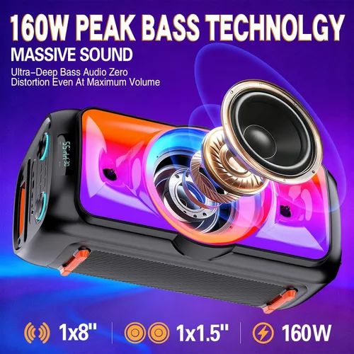 Miniatura 2 de Altavoz Bluetooth para fiestas de 160 W, sonido estero grande para exteriores, graves profundos, TWS, fuerte con luces, altavoces grandes