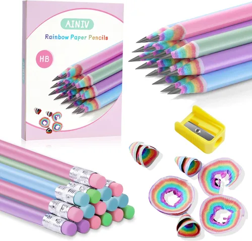 Ainiv 32 piezas de lápices ecológicos de papel reciclado arco iris sin madera ni plástico #2 HB con sacapuntas, lápices de colores estilo macaron