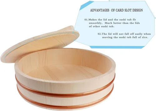 Miniatura 7 de Kichgather Tazón de arroz de madera para sushi con tapa Hangiri Sushi Oke Sushi Arroz Mezclador (13 pulgadas con tapa)