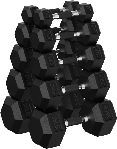 Miniatura 18 de Juego de mancuernas hexagonales con estante, juego de mancuernas de ejercicio y fitness con revestimiento de goma de 720 libras, peso de mano