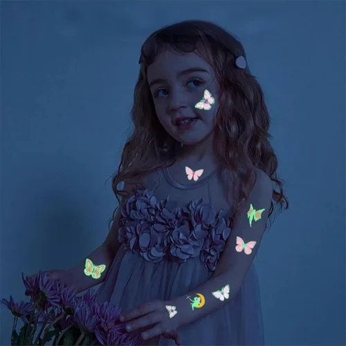 Miniatura 4 de 10 hojas de tatuajes temporales de mariposa que brillan en la oscuridad para niños, diseño de hadas, caricaturas, fluorescentes, para fiestas