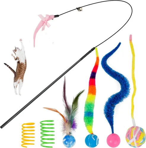 Miniatura 10 de SHENGSEN Juguete de varita de plumas para gatos, pelota inflable con cola para gatos, gusano mágico con juguete de bola grande y colorida
